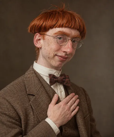 milton bumford in a tweed suit and paisley bow tie, hand on heart, looking extremely pleased with himself