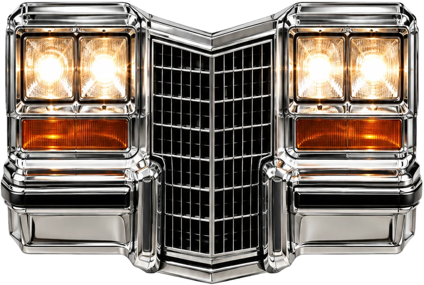 The Chrome Edition print: a chrome grille with four square headlights and amber lamps
