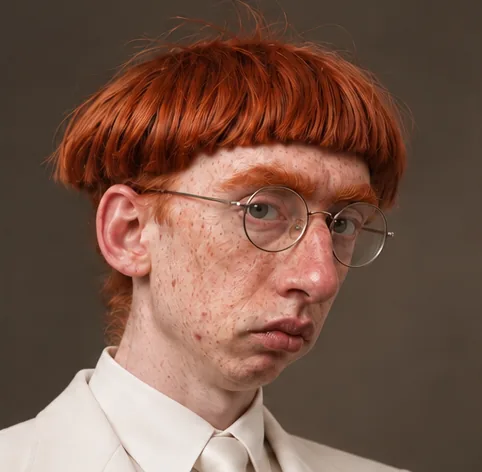 Milton Bumford: red bowl cut, round glasses, white collar and tie